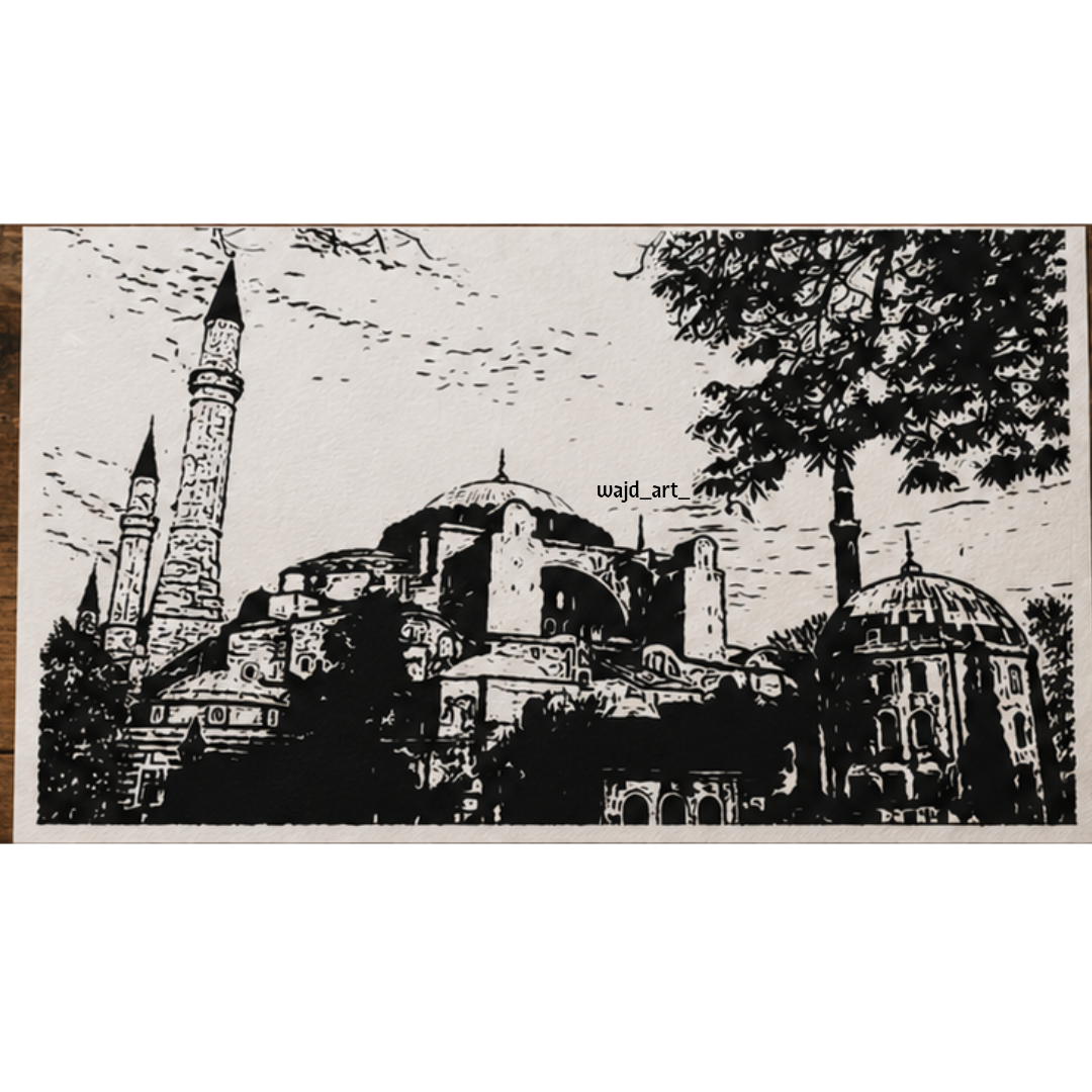 Hand Drawn Hagia Sophia Mosque, Istanbul - Muslim Art on Cartridge Paper - No Frame (Size: A4 & A3)