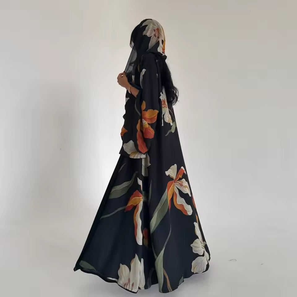 Floral Slit Black Abaya - Long Sleeved Dubai Style Robe