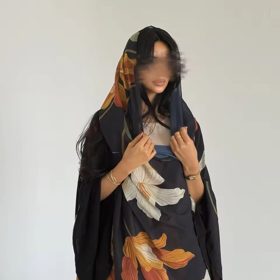 Floral Slit Black Abaya - Long Sleeved Dubai Style Robe