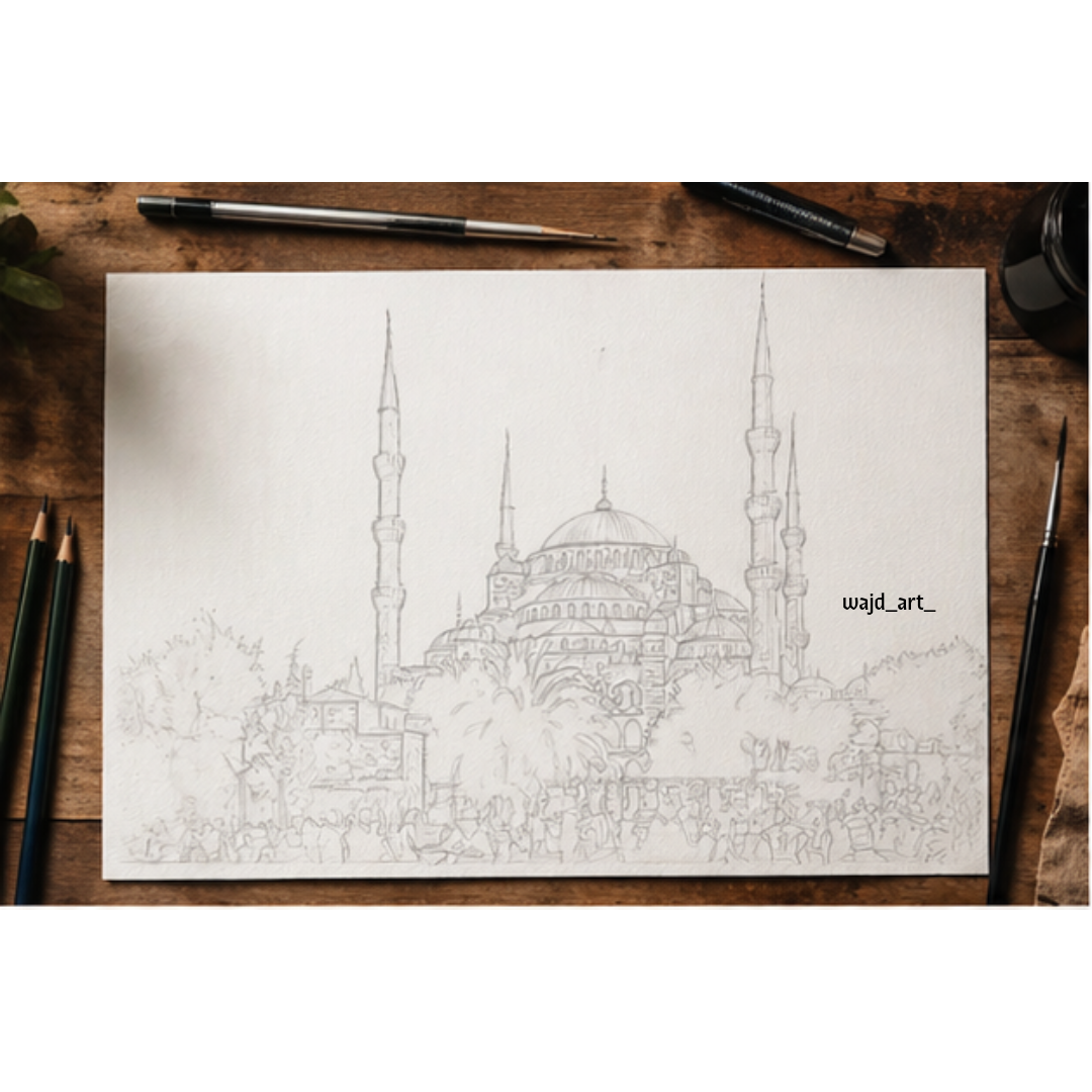 Hand Drawn Blue Mosque, Istanbul - Muslim Art on Cartridge Paper - No Frame (Size: A4 & A3)