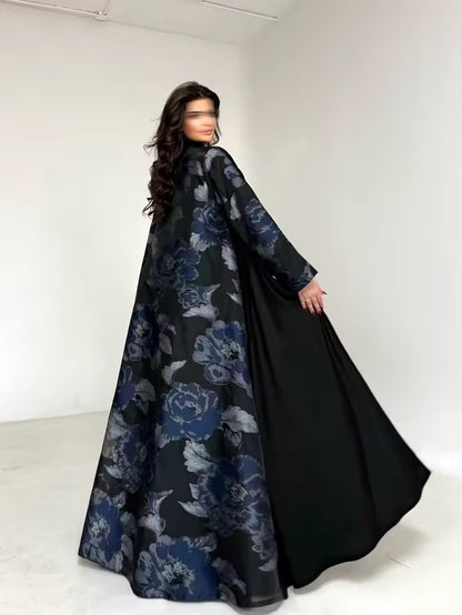 Floral Slit Black Abaya - Long Sleeved Dubai Style Robe