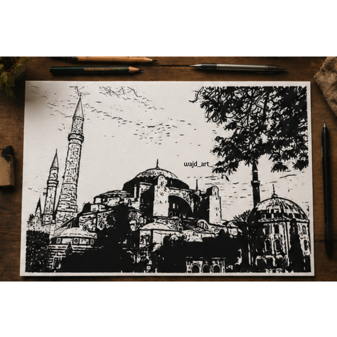 Hand Drawn Hagia Sophia Mosque, Istanbul - Muslim Art on Cartridge Paper - No Frame (Size: A4 & A3)