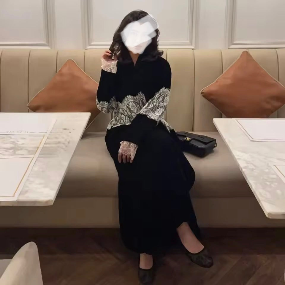 Lace Floral Slit Black Abaya - Long Sleeved Dubai Style Robe