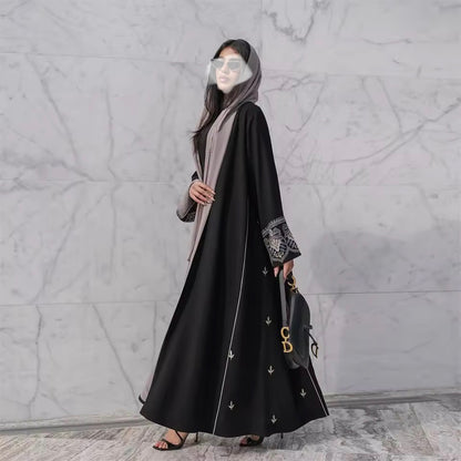 Floral Slit Black Abaya - Long Sleeved Dubai Style Robe