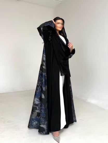 Floral Slit Black Abaya - Long Sleeved Dubai Style Robe