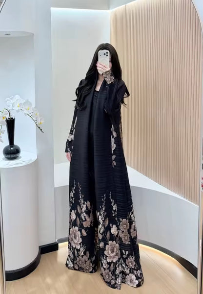 Floral Slit Black Abaya - Long Sleeved Dubai Style Robe
