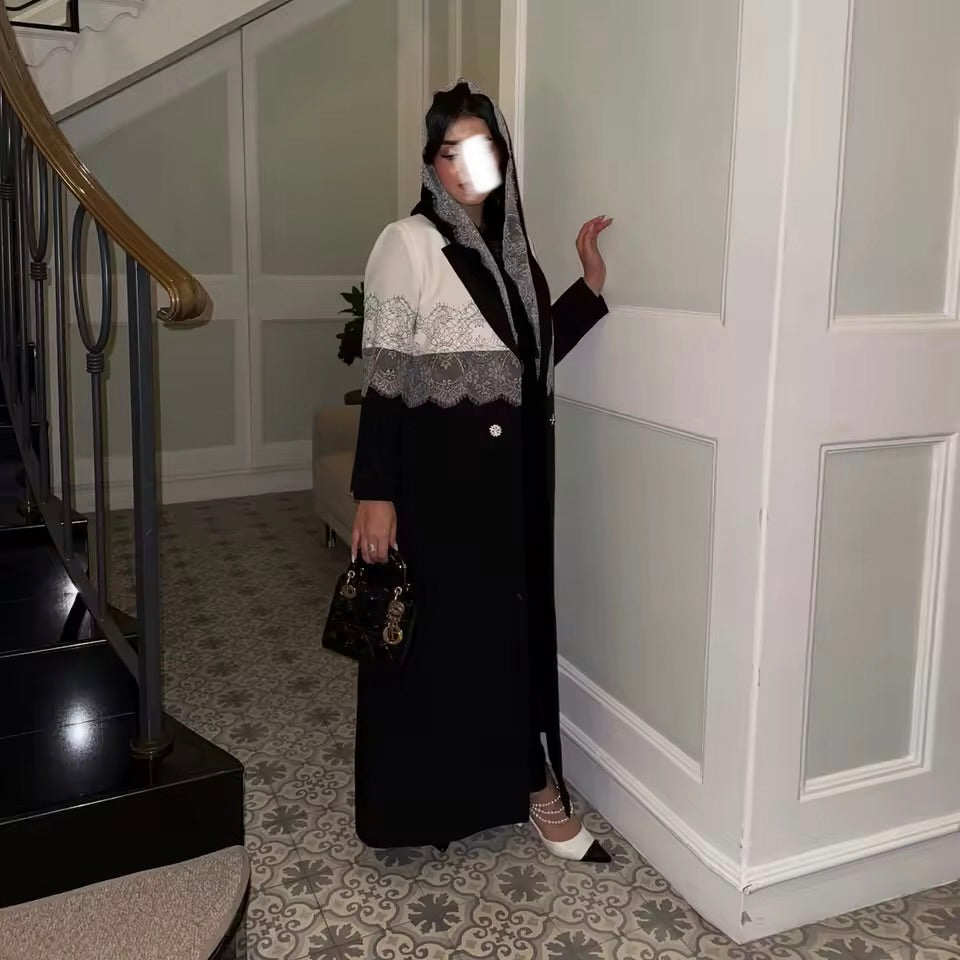 Lace Floral Slit Black Abaya - Long Sleeved Dubai Style Robe