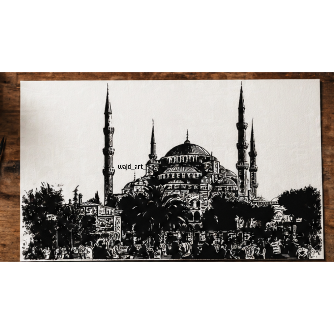 Hand Drawn Blue Mosque, Istanbul - Muslim Art on Cartridge Paper - No Frame (Size: A4 & A3)