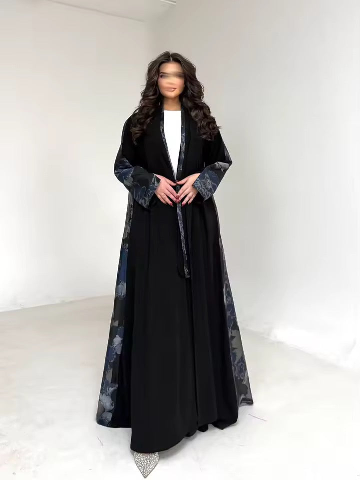 Floral Slit Black Abaya - Long Sleeved Dubai Style Robe
