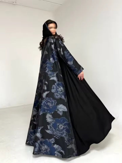 Floral Slit Black Abaya - Long Sleeved Dubai Style Robe