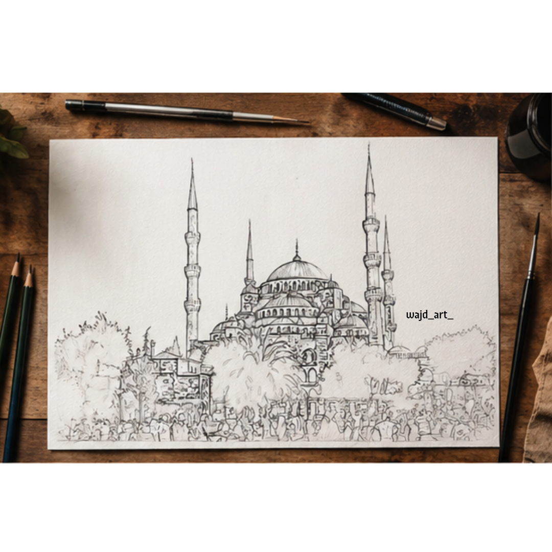 Hand Drawn Blue Mosque, Istanbul - Muslim Art on Cartridge Paper - No Frame (Size: A4 & A3)