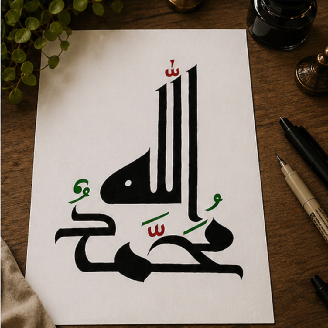 Hand Drawn Muslim Calligraphy Art On Cartridge Paper “Allah Muhammad” - No Frame (Size: A4 & A3)