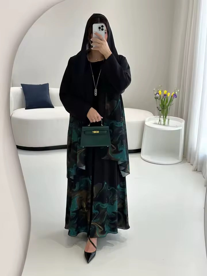 Floral Slit Black Abaya - Long Sleeved Dubai Style Robe