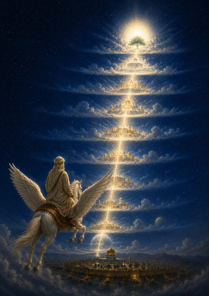 Limited Edition PRINT of my Original Oil Painting of Prophet Muhammad Mi'raj — Ascension through heavens Muslim Painting on Cartridge Paper - No Frame (Size: A4 & A3)