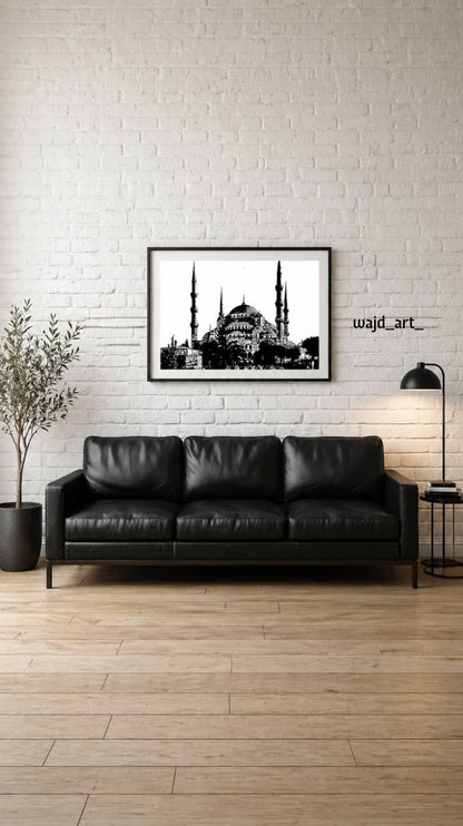 Hand Drawn Blue Mosque, Istanbul - Muslim Art on Cartridge Paper - No Frame (Size: A4 & A3)
