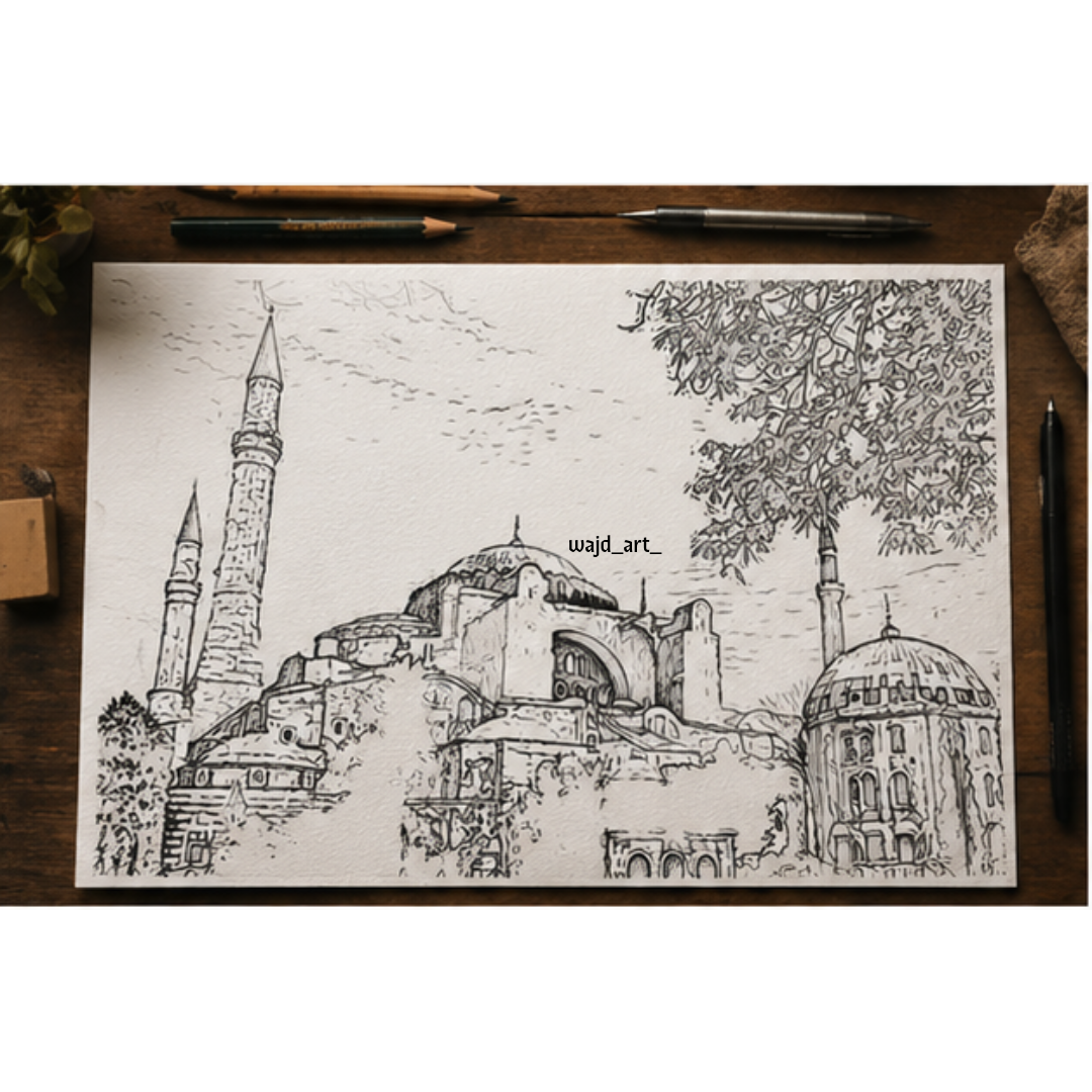 Hand Drawn Hagia Sophia Mosque, Istanbul - Muslim Art on Cartridge Paper - No Frame (Size: A4 & A3)