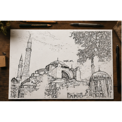 Hand Drawn Hagia Sophia Mosque, Istanbul - Muslim Art on Cartridge Paper - No Frame (Size: A4 & A3)