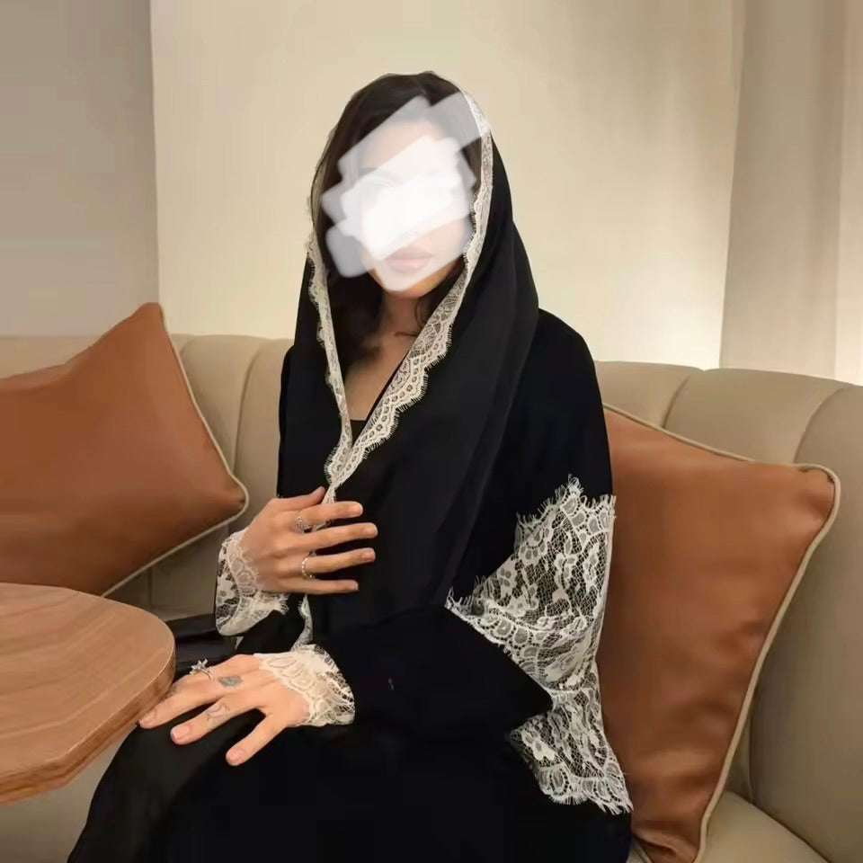 Lace Floral Slit Black Abaya - Long Sleeved Dubai Style Robe
