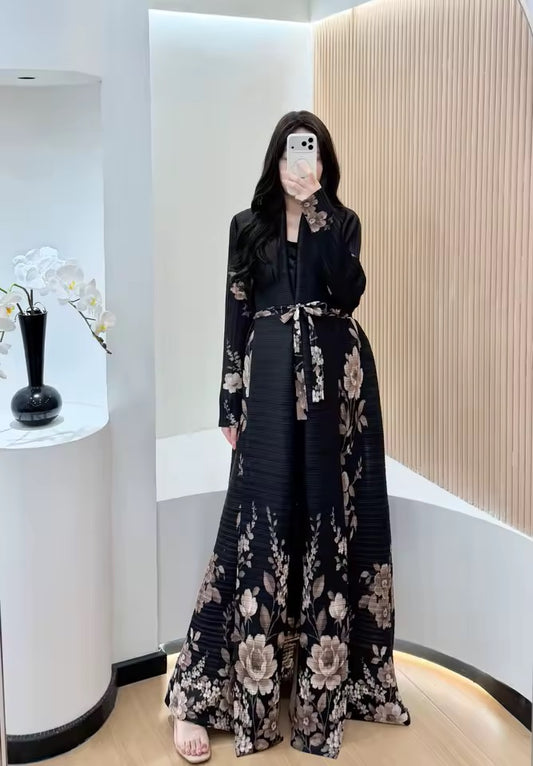 Floral Slit Black Abaya - Long Sleeved Dubai Style Robe