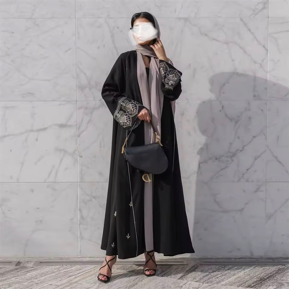 Floral Slit Black Abaya - Long Sleeved Dubai Style Robe