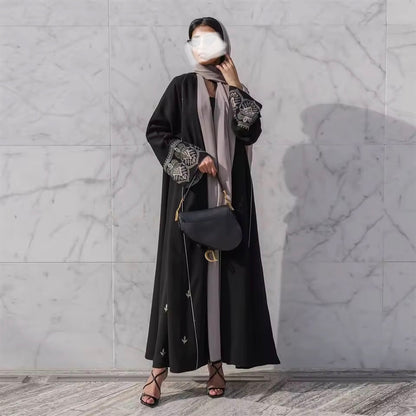 Floral Slit Black Abaya - Long Sleeved Dubai Style Robe
