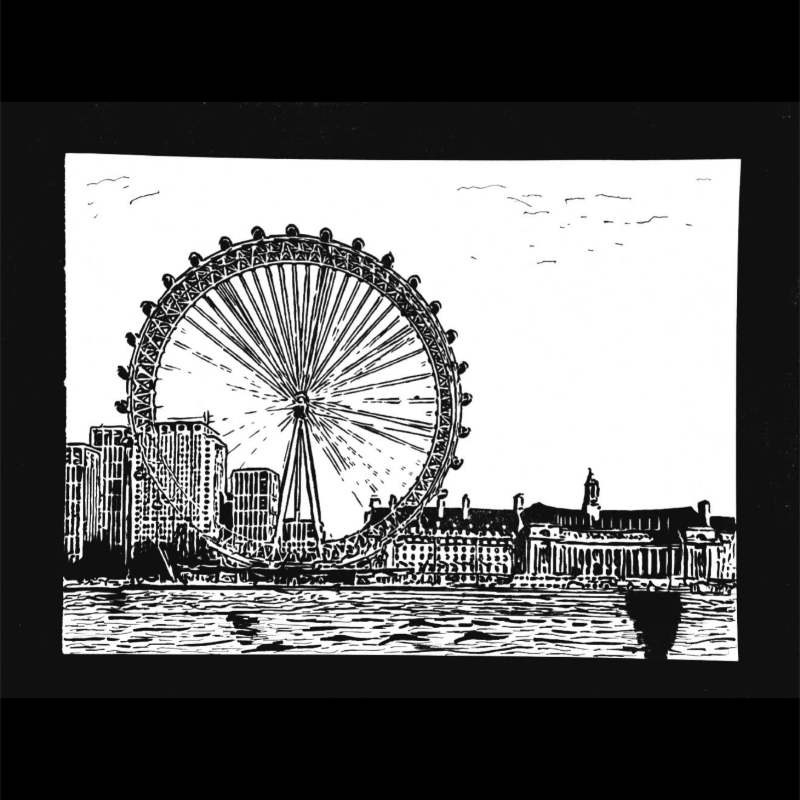 Hand Drawn London Eye City Art on Cartridge Paper - No Frame (Size: A4 & A3)