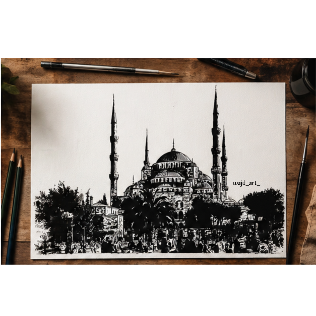 Hand Drawn Blue Mosque, Istanbul - Muslim Art on Cartridge Paper - No Frame (Size: A4 & A3)