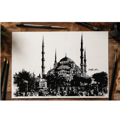 Hand Drawn Blue Mosque, Istanbul - Muslim Art on Cartridge Paper - No Frame (Size: A4 & A3)
