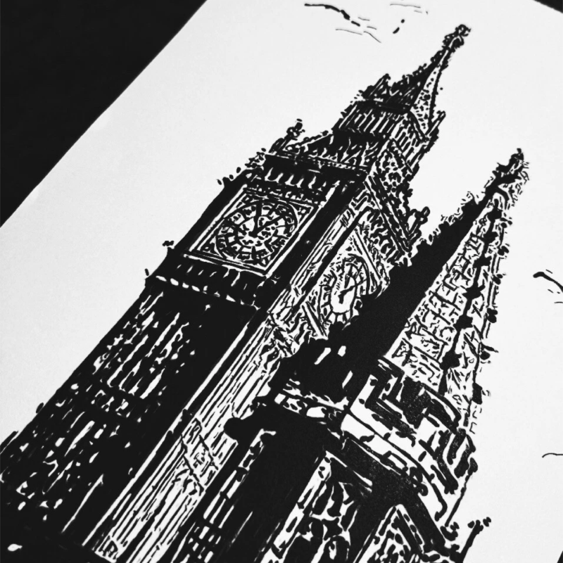 Hand Drawn Big Ben City Art on Cartridge Paper - No Frame (Size: A4 & A3)