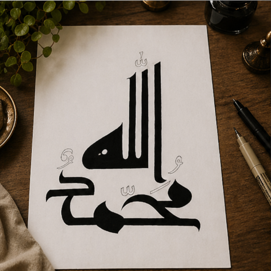 Hand Drawn Muslim Calligraphy Art On Cartridge Paper “Allah Muhammad” - No Frame (Size: A4 & A3)