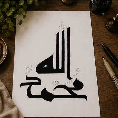 Hand Drawn Muslim Calligraphy Art On Cartridge Paper “Allah Muhammad” - No Frame (Size: A4 & A3)