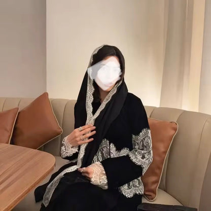 Lace Floral Slit Black Abaya - Long Sleeved Dubai Style Robe