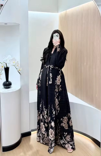 Floral Slit Black Abaya - Long Sleeved Dubai Style Robe