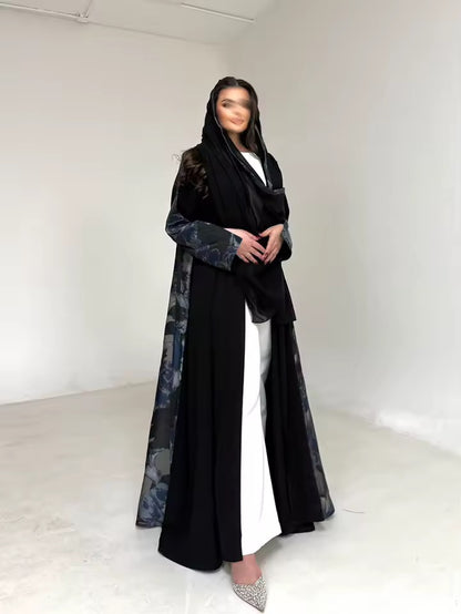 Floral Slit Black Abaya - Long Sleeved Dubai Style Robe