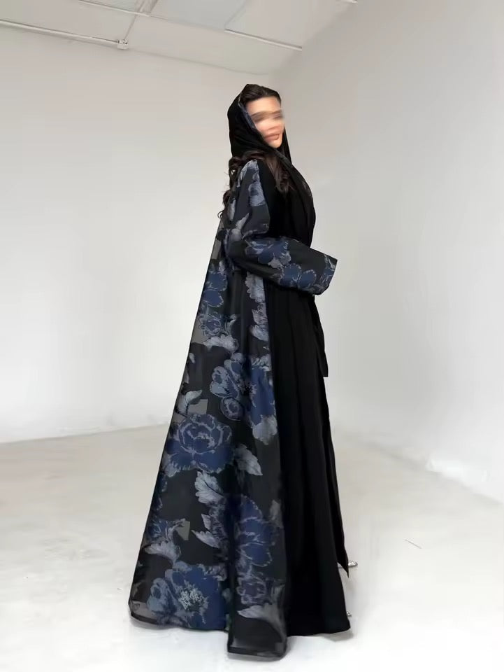 Floral Slit Black Abaya - Long Sleeved Dubai Style Robe