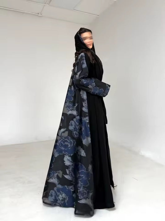 Floral Slit Black Abaya - Long Sleeved Dubai Style Robe