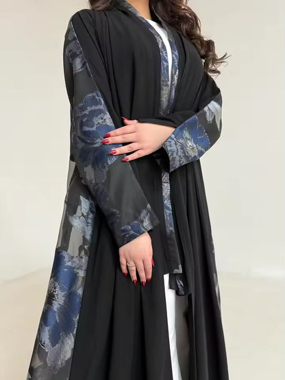 Floral Slit Black Abaya - Long Sleeved Dubai Style Robe