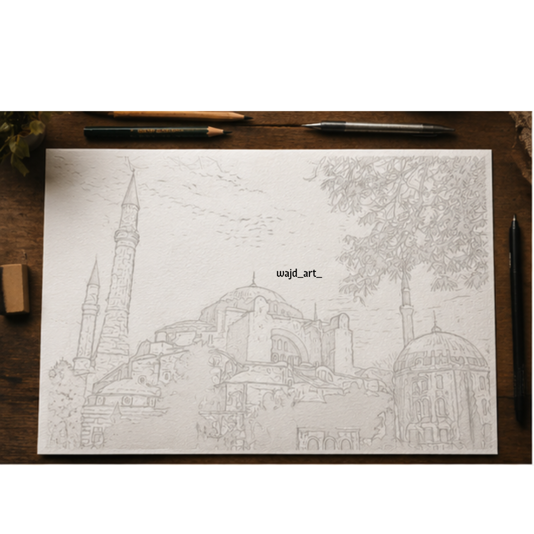 Hand Drawn Hagia Sophia Mosque, Istanbul - Muslim Art on Cartridge Paper - No Frame (Size: A4 & A3)