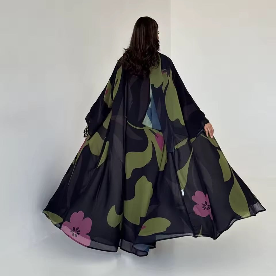 Floral Slit Black Abaya - Long Sleeved Dubai Style Robe
