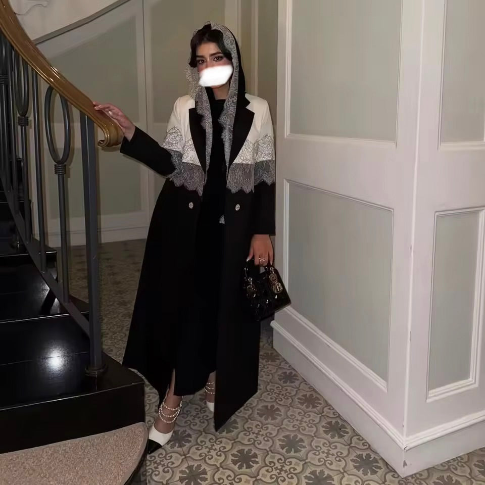Lace Floral Slit Black Abaya - Long Sleeved Dubai Style Robe