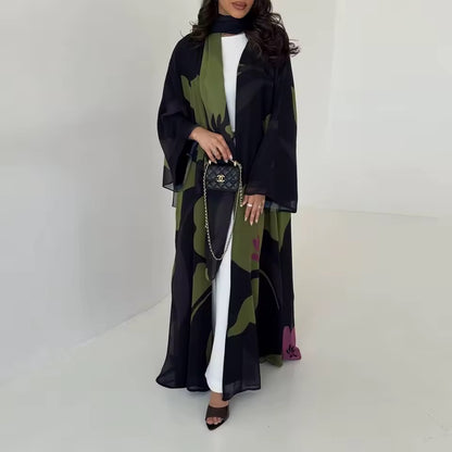 Floral Slit Black Abaya - Long Sleeved Dubai Style Robe
