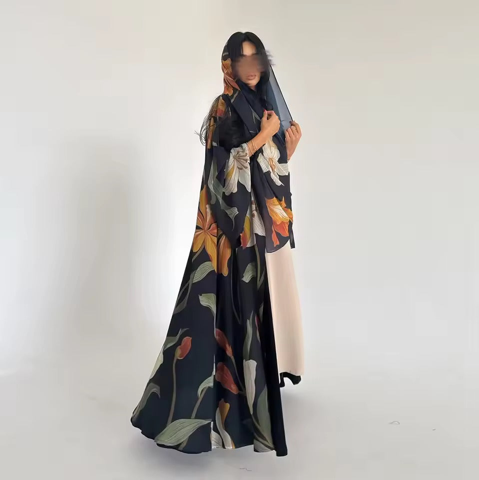 Floral Slit Black Abaya - Long Sleeved Dubai Style Robe