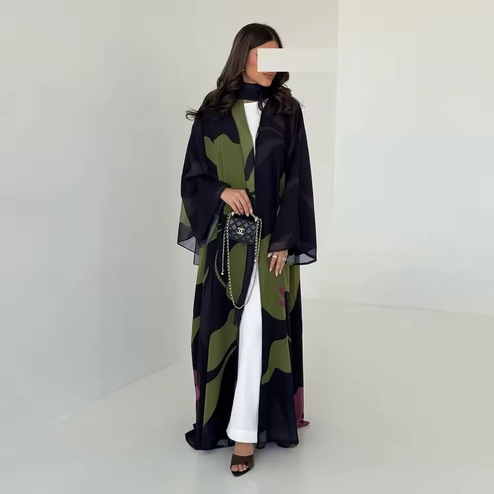 Floral Slit Black Abaya - Long Sleeved Dubai Style Robe