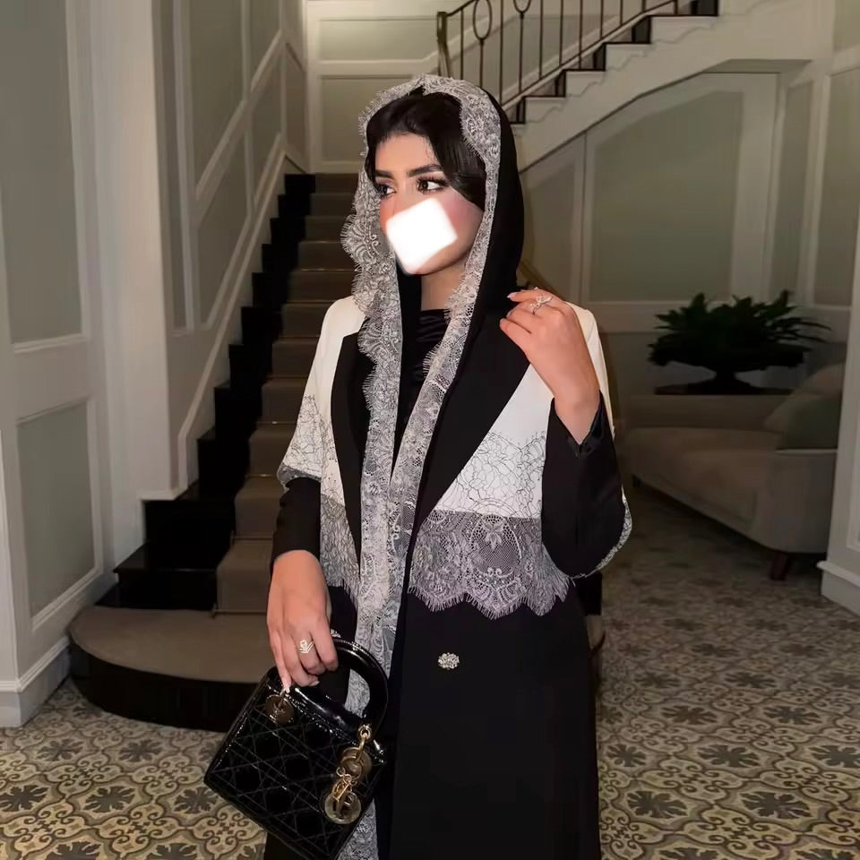 Lace Floral Slit Black Abaya - Long Sleeved Dubai Style Robe