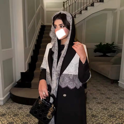 Lace Floral Slit Black Abaya - Long Sleeved Dubai Style Robe