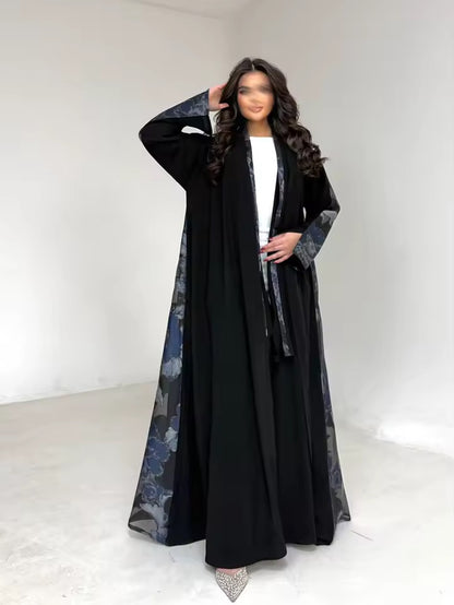 Floral Slit Black Abaya - Long Sleeved Dubai Style Robe