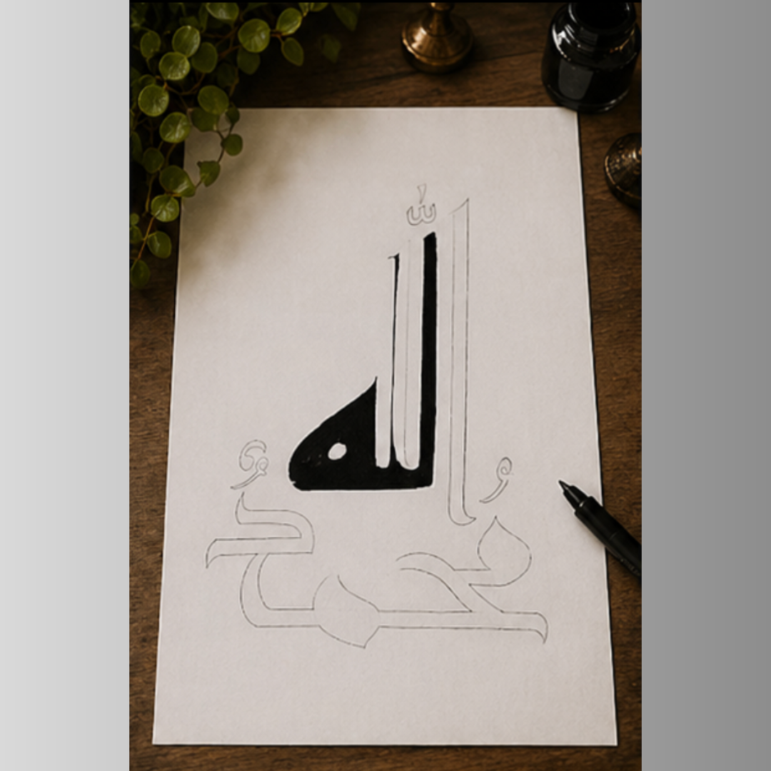 Hand Drawn Muslim Calligraphy Art On Cartridge Paper “Allah Muhammad” - No Frame (Size: A4 & A3)