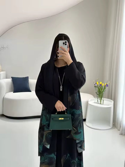 Floral Slit Black Abaya - Long Sleeved Dubai Style Robe