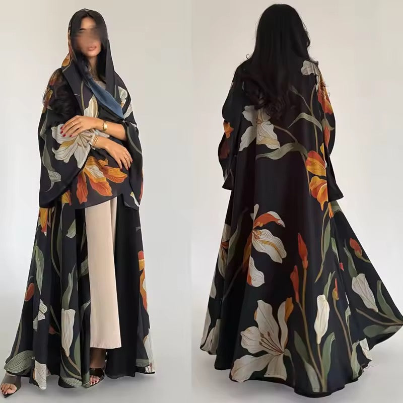 Floral Slit Black Abaya - Long Sleeved Dubai Style Robe