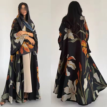 Floral Slit Black Abaya - Long Sleeved Dubai Style Robe